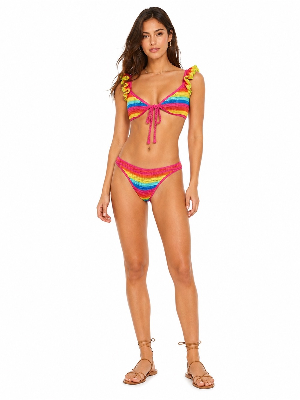 FARM RIO Rainbow Crochet Ruffle Bikini Top